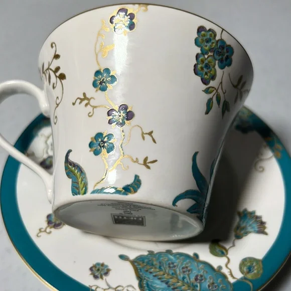 Vintage Retired Flat Cup & Saucer Set Eliza Teal by 222 FIFTH Gold Trim - Picture 4 of 7